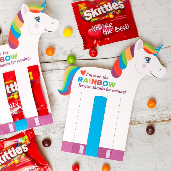 Rainbow Unicorn Birthday Party Favor Holds Fun Size Skittles or M&M candies printable easy instant download print out gifts for guests