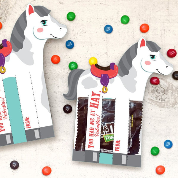 Horse Valentines Printable DIY Instant Download Pop Rocks, Fun Size Skittles or M&Ms holders saddle cowgirl white gray horse valentine card