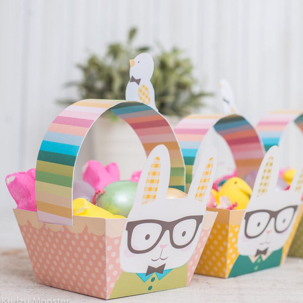 Printable Easter Bunny basket instant download rabbit foldable pink girl and blue boy baskets gingham plaid pattern baby easter chick DIY