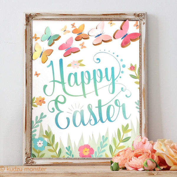 Printable Easter Art Print with optional 3D Butterflies DIY 8x10 inch print at home Happy Easter artwork craft watercolor texture flowers