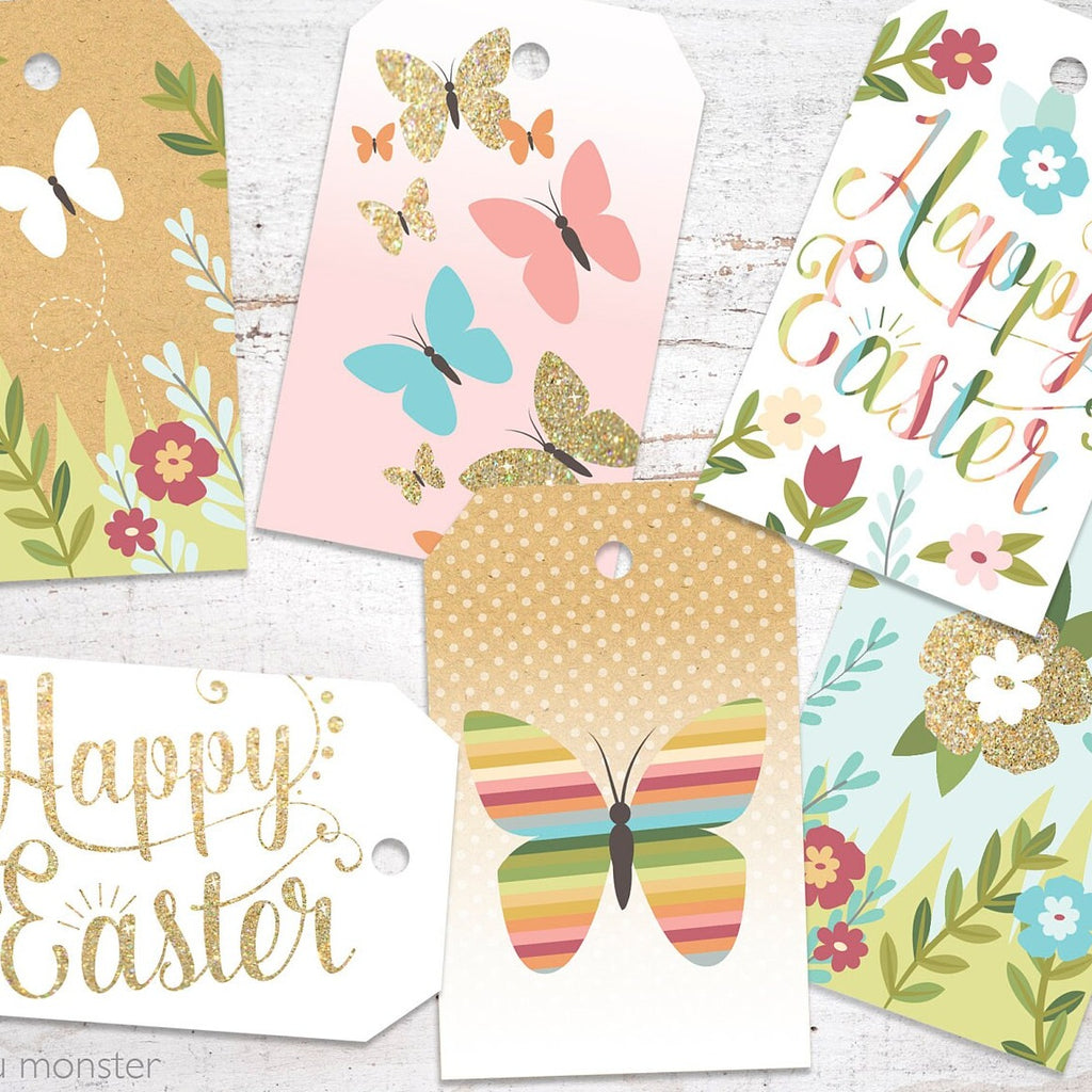 Easter gift tags Happy Easter Gold Glitter, rainbow stripes, and kraft texture with butterflies & flowers 6 assorted printable instant tags