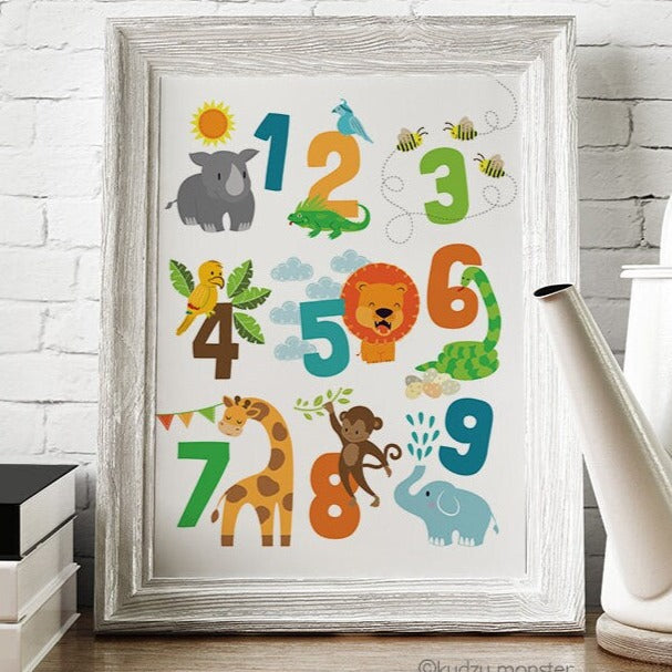 Printable File Animal Illustrated 123 Numbers 11x14 poster Instant Download artwork for kids room