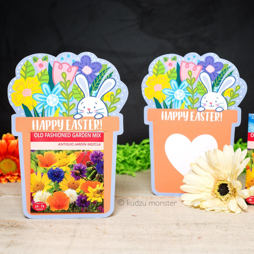 Easter Bunny Flower Pot Printable Card to hold seed packets as a unique Spring time gift Carrot seeds, flower seed DIY gardening springtime