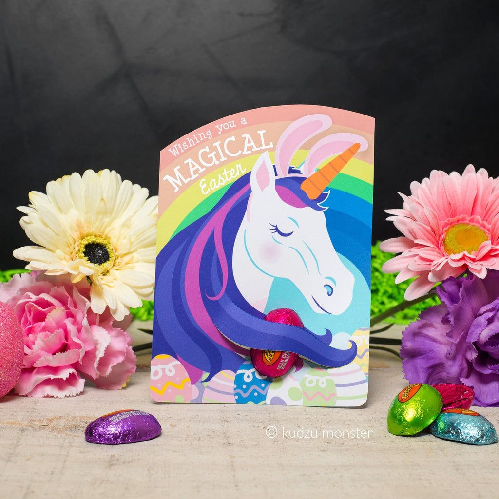 Unicorn Easter Card Candy Hugger Magical Rainbow Horse with Easter Bunny Ears Printable to Hold Single Candy Egg Girl Easter Basket Filler