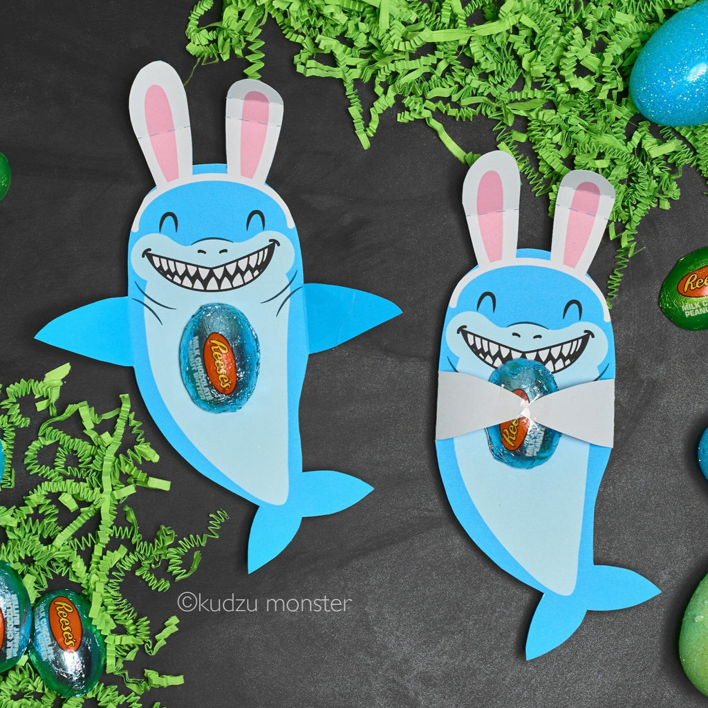 Shark Easter Card Candy Hugger Funny Sharks with Easter Bunny Ears Unique DIY Download Printable Holds Single Candy Egg Easter Basket Filler