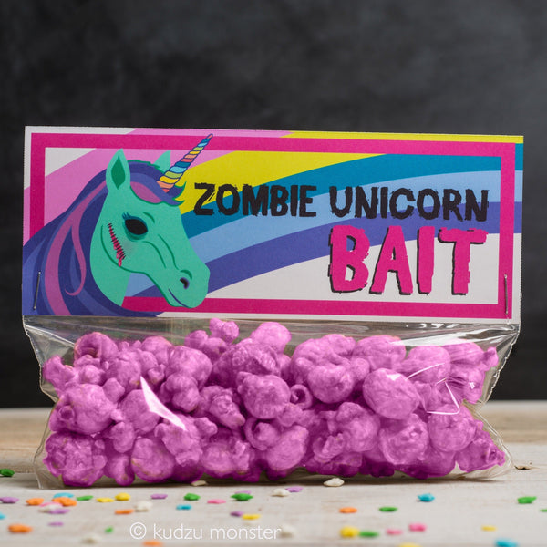 ZOMBIE Unicorn Printable Party Favors Treat Toppers Creepy Cute Halloween or Birthday Party DIY print at home rainbow funny popcorn bags