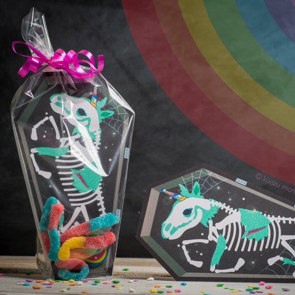 ZOMBIE Unicorn Printable Party Favors Coffin Skeleton Creepy Cute Halloween or Birthday Party DIY print at home rainbow funny worms bags