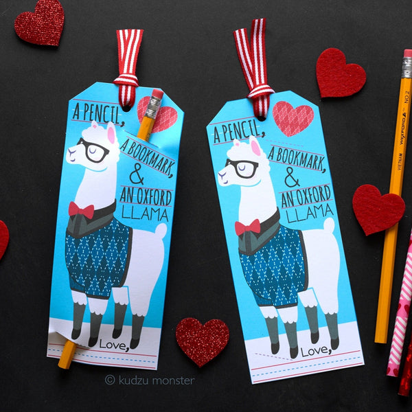 Llama Printable Valentine bookmark card for pencil valentine alpaca hipster unique DIY cards Funny english teacher grammar joke oxford LLama