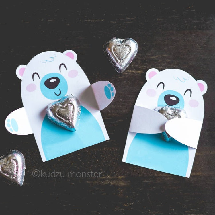 Polar Bear Classroom Candy Holder party favor cute animal hug individual candy card bear woodland birthday party chocolate holders