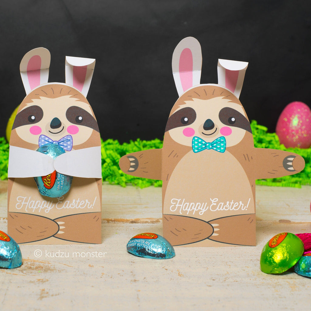 Sloth Easter Card Candy Hugger Cute Sloths with Easter Bunny Ears Unique DIY Download Printable Holds Single Candy Egg Easter Basket Filler