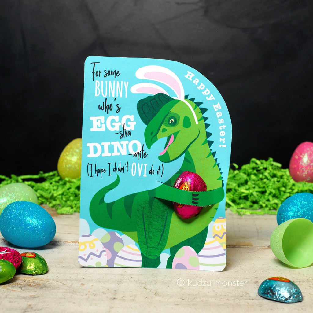 Dinosaur Easter Card Candy Hugger Oviraptor with Easter Bunny Ears Funny Unique Printable to Hold Single Candy Egg Boy Easter Basket Filler