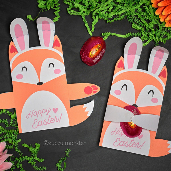 Fox Bunnies Easter Card Candy Hugger Cute Foxes with Easter Bunny Ears DIY Download Printable Holds Single Candy Egg Easter Basket Filler