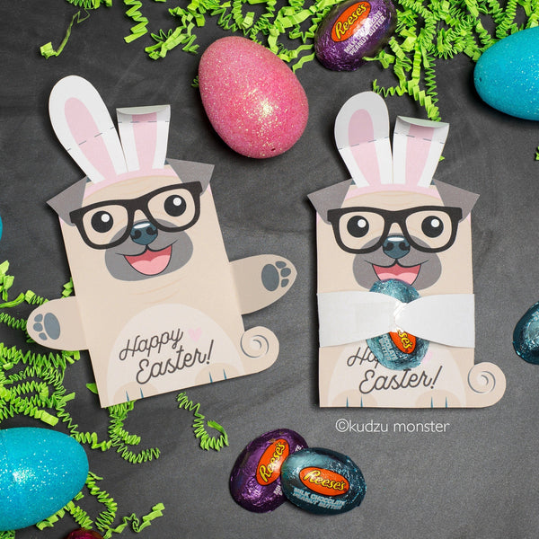 Easter Bunny Pug Candy Huggers Party printable cute puppy dog glasses classroom favors single candy holder gift for friends or party favors