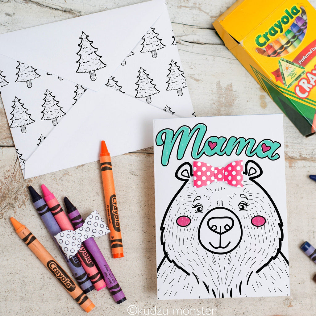 Mama Bear Mother's Day Card INSTANT Printable Coloring page printable craft classroom daycare activity with Optional 3D Bow Cute Fun DIY