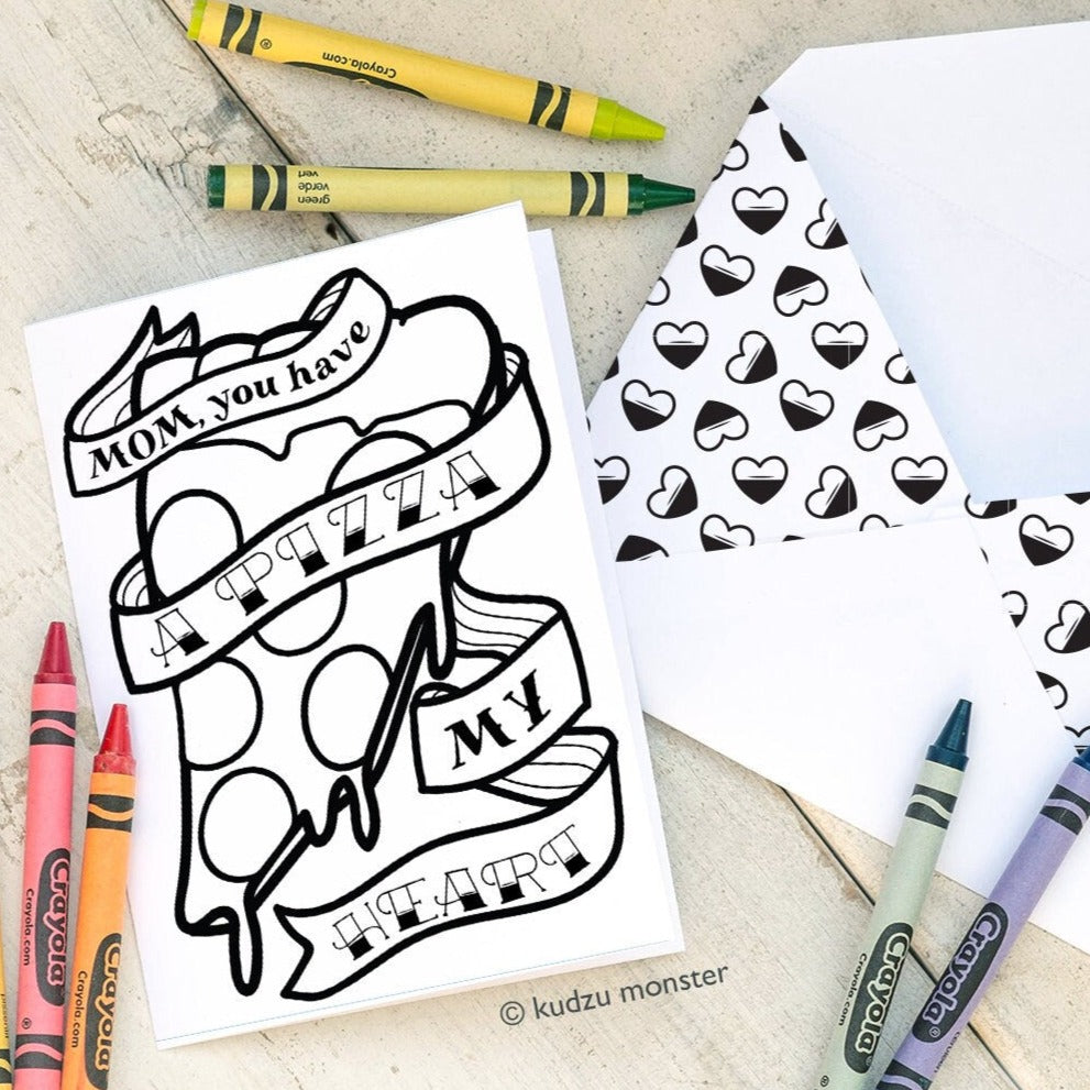 Pizza Mother's Day INSTANT DOWNLOAD Printable Coloring Card cute DIY card tattoo style banner hearts activity foodie mom punny