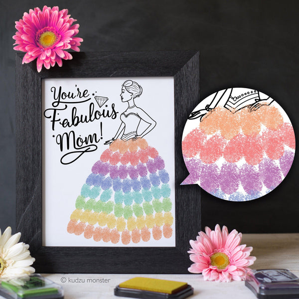 Mother's Day Finger Paint Art Printable Fashion Ball Gown Dress DIY Kid's Art Activity for Fabulous Glamorous Mom Fingerprints Ink Pad Art
