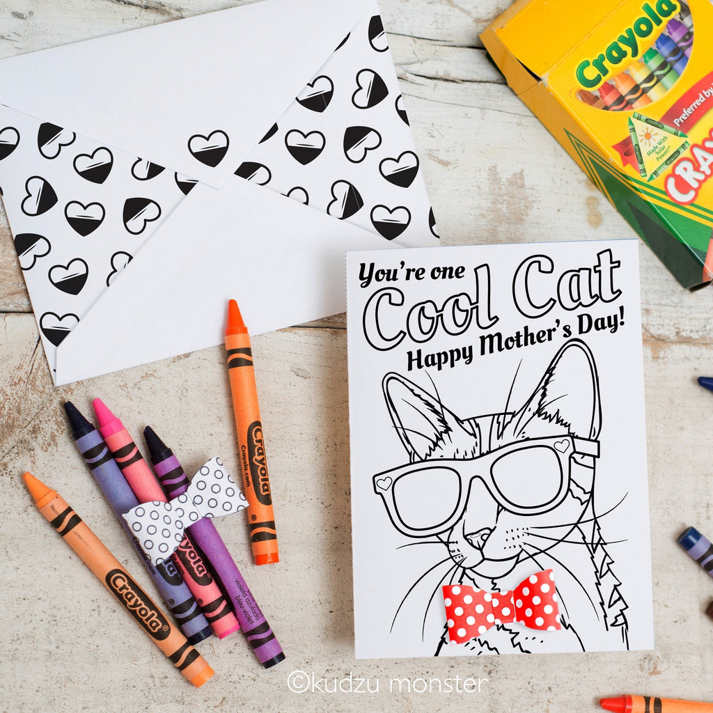 Cool Cat INSTANT DOWNLOAD Mother's Day Coloring page activity striped kitty sunglasses printable greeting card boston terrier 3D bowtie