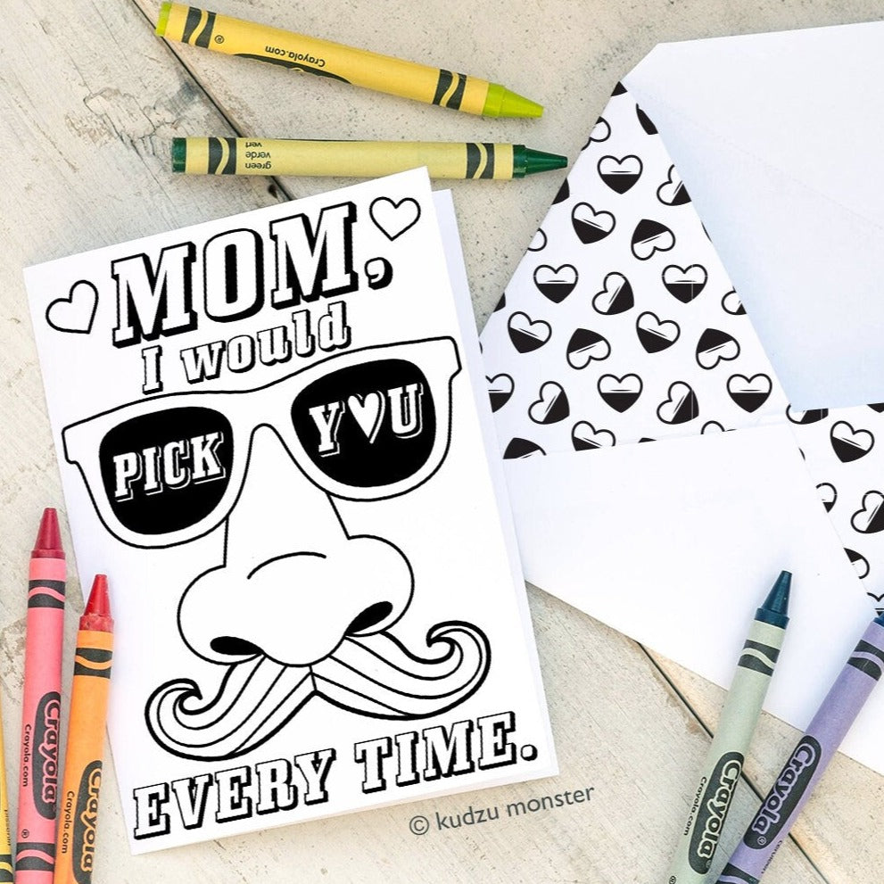 Mustache Nose Pick Booger Mother's Day INSTANT DOWNLOAD Printable Coloring Card cute DIY card boy gross funny sunglasses activity mom