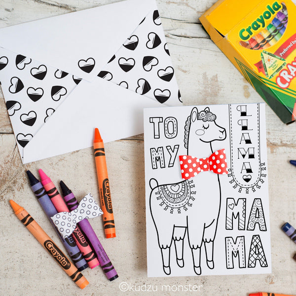 Llama Mama Mother's Day Card INSTANT DOWNLOAD Coloring page printable craft classroom daycare activity. With Optional 3D Bow Cute Funny
