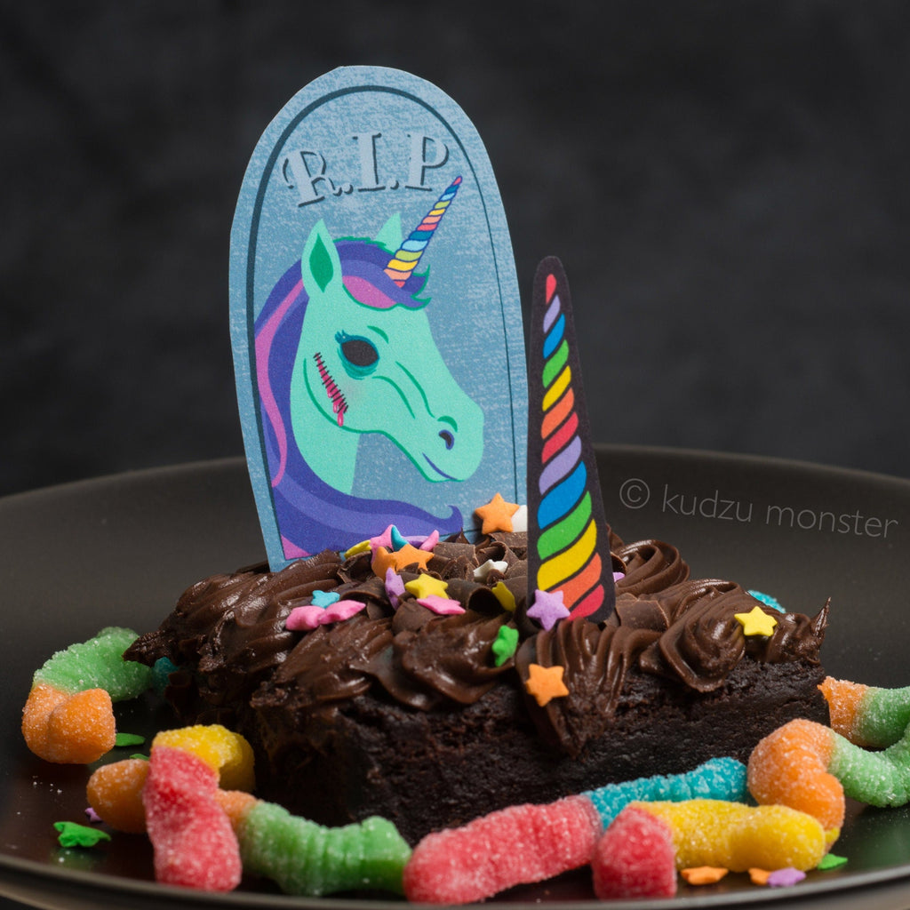 ZOMBIE Unicorn Printable Cupcake Kit Grave Stone and Horn Creepy Cute Halloween or Birthday Party DIY print at home rainbow funny brownie