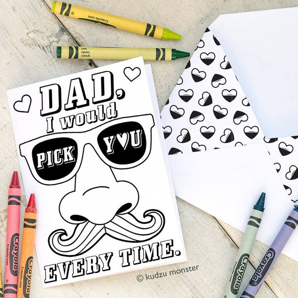 Funny Nose Mustache Pick You Coloring Father's Day Card Instant Download Printable Craft Activity cute Dad Sunglasses