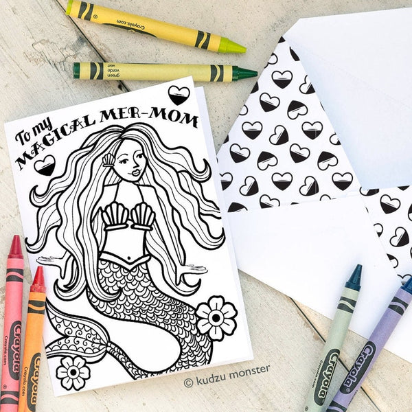 Memaid INSTANT DOWNLOAD Mother's Day Card Coloring page cute DIY card nautical hearts activityunique egdy cute fun mermom old school tattoo