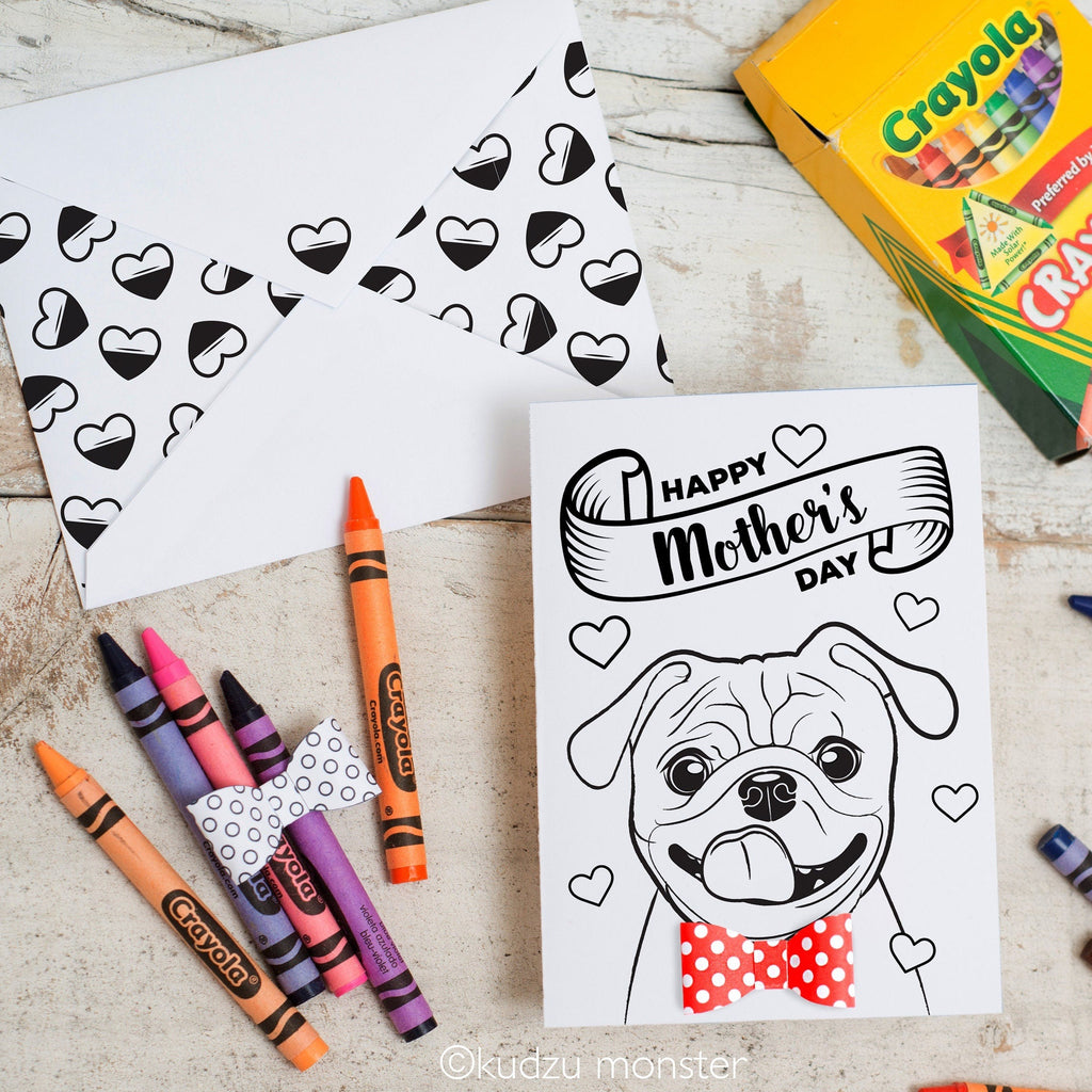 Pug illustrated INSTANT DOWNLOAD Mother's Day Coloring page coloring activity dog craft printable greeting card with optional 3D bowtie