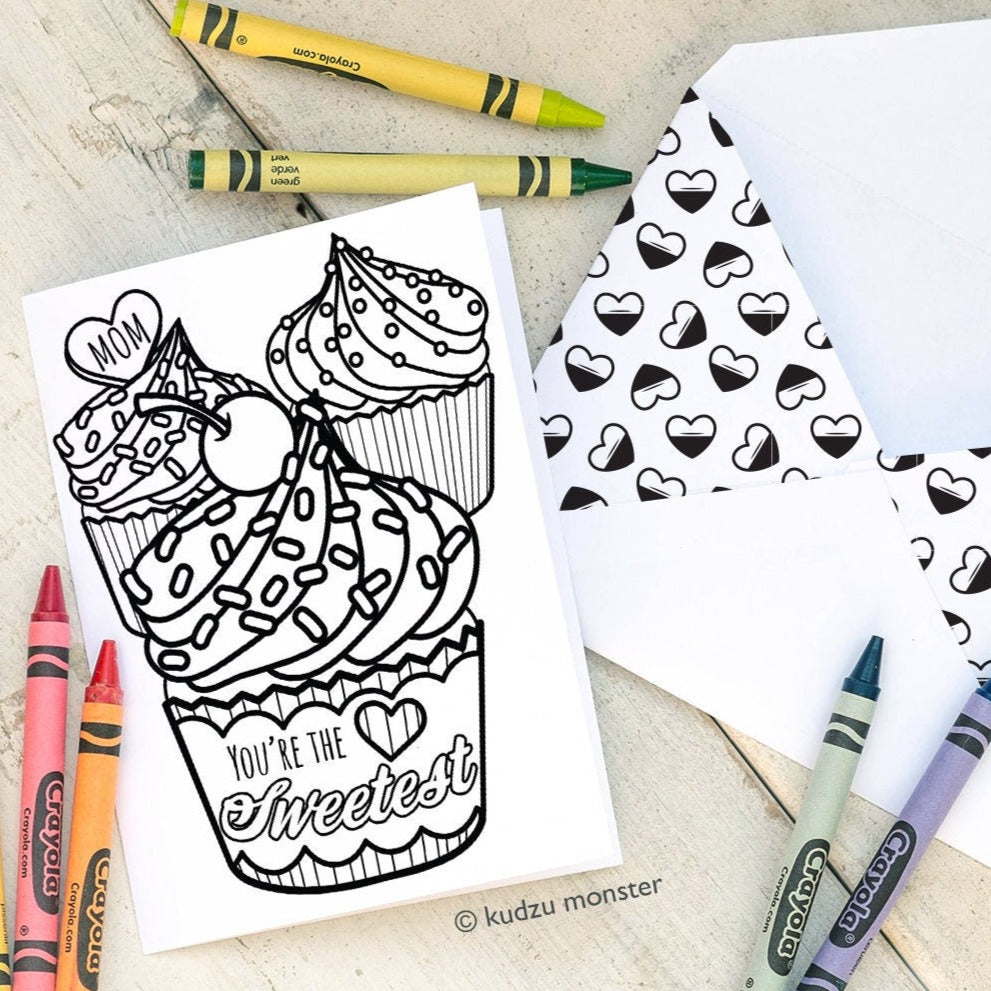 Cupcake Mother's Day INSTANT DOWNLOAD Printable Coloring Card cute DIY card sweets sprinkles baker baked goods cake hearts activity mom