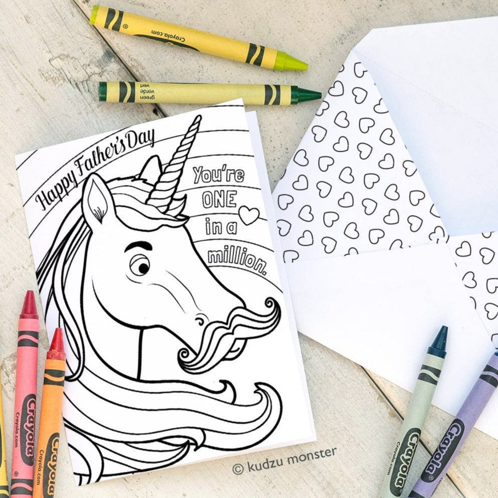 Funny Unicorn Coloring Father's Day Card Instant Download Printable Craft Activity You're on in a million mustache rainbow cute Dad Grandpa