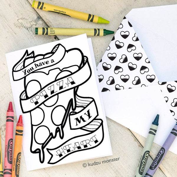 Pizza Father's Day INSTANT DOWNLOAD Printable Coloring Card cute DIY card tattoo style banner hearts activity foodie Dad punny