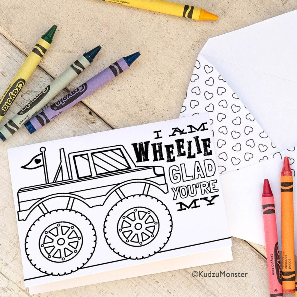 Father's Day Monster Truck INSTANT DOWNLOAD Printable Coloring Card DIY card Fill in the blank I'm wheelie glad Grandpa Pawpaw Dad Stepdad