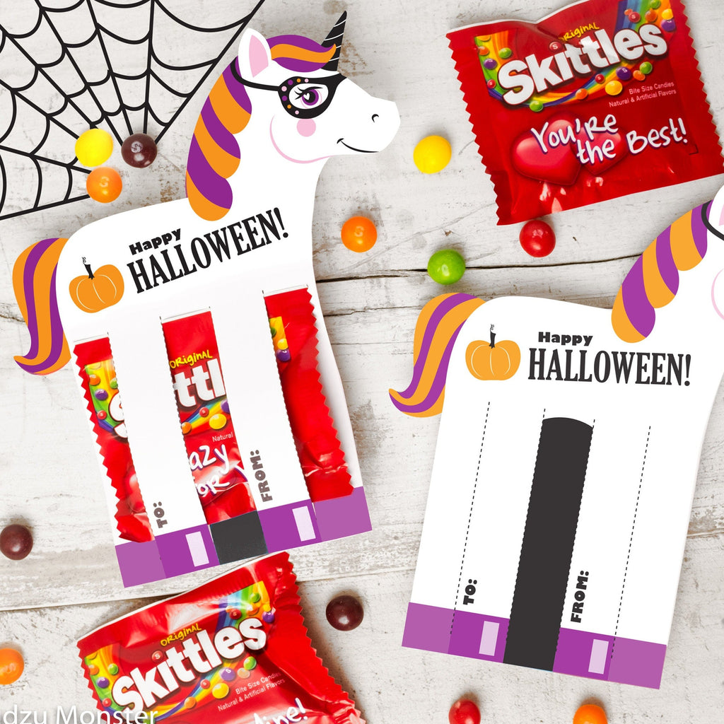 Halloween Unicorn Printable DIY Instant Download Skittles or M&Ms Colorful Candy holders horse shaped trick or treat cards for school