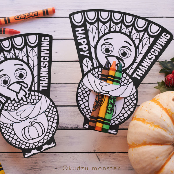 Thanksgiving printable Turkey coloring page crayon hugger colored pencil holder classroom activity non candy Holiday treat goodie gift