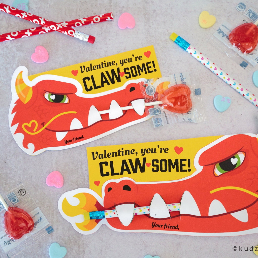 Chinese Dragon Valentines Printable DIY Instant Download Pencil or Lollipop Candy holders fang teeth unique Valentine's day cards for school