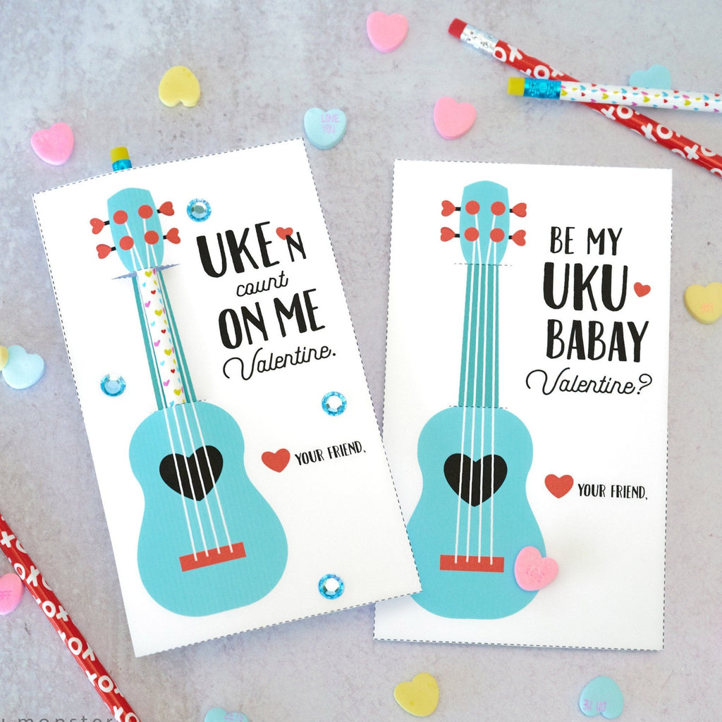 Ukulele Valentine Printable INSTANT DOWNLOAD Pencil Holder Classroom Valentines Treat Candy Bag Topper cute Hawaiian valentine print at home