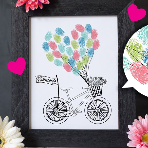 Valentine's Day Finger Paint Art Printable Balloons and Bicycle DIY Kid's Art Activity Fingerprints Ink Pad 8x10 in Art work Print
