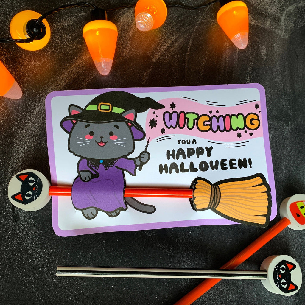 Cute Black Cat - Witch Broom Pencil Holder - Kawaii Halloween Printable Card - Instant Download - Trick or Treat Pencils or Glow Bracelets