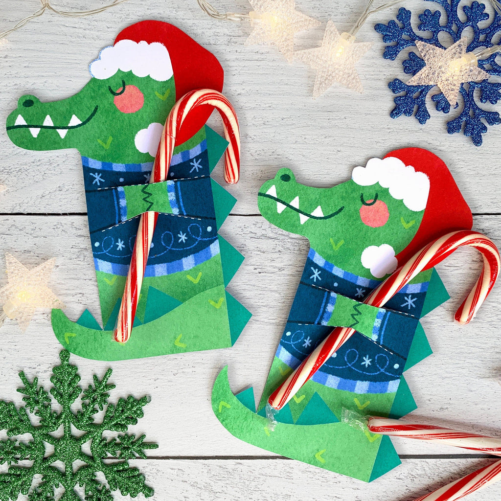 Crocodile Christmas Candy Cane Hugger Card - Cute Animal Ugly Sweater Printable Treat Holder - Holiday Party Favor - School Christmas Party