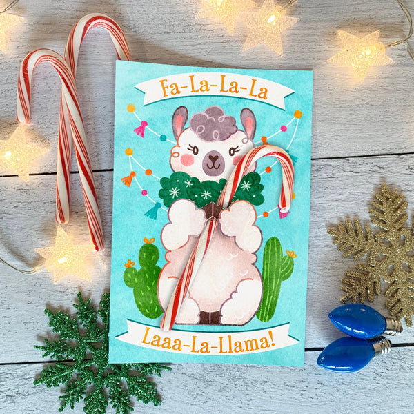 Fa La Llama Candy Cane Hugger Card - Cute Animal Holiday Printable Treat Holder - Instant Holiday Party Favor - DIY School Christmas Party