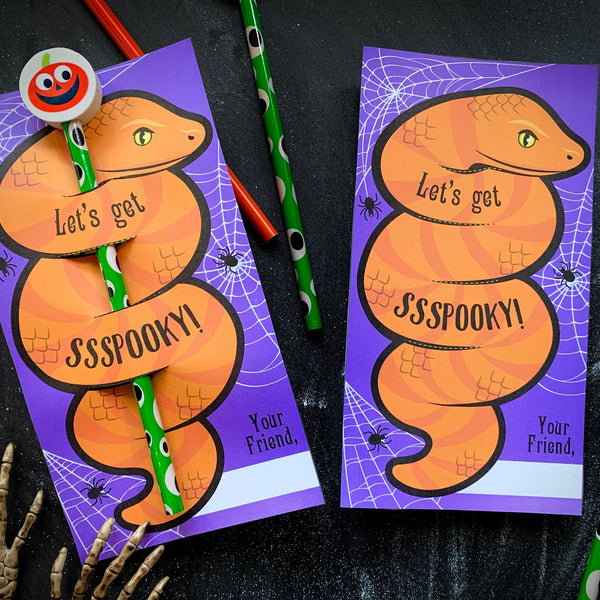 Snake Pencil Hugger Halloween Printable Card - Instant Download - Spooky Orange Snake for Trick or Treat Pencils or Glow Bracelets