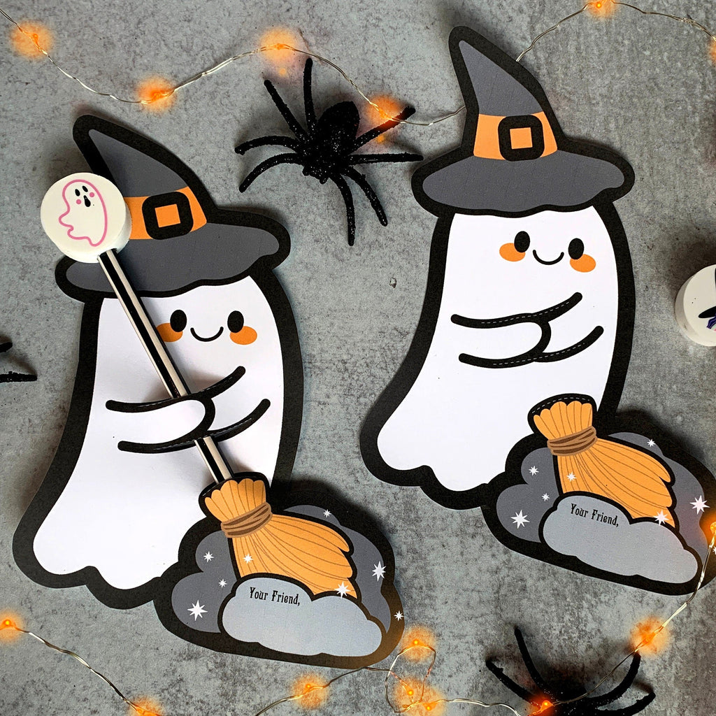 Cute Ghost Witch Broom Pencil Hugger - Kawaii Halloween Printable Card - Instant Download - Trick or Treat Pencils or Glow Bracelets