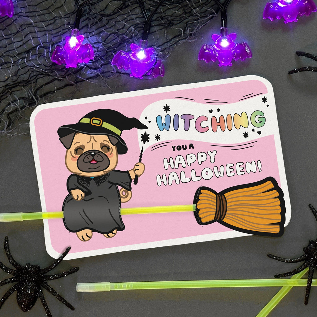 Cute Witch Pug on Broom - Glow Bracelet or Pencil Holder - Kawaii Halloween Party Favor - Printable Card - Instant Download - Trick or Treat