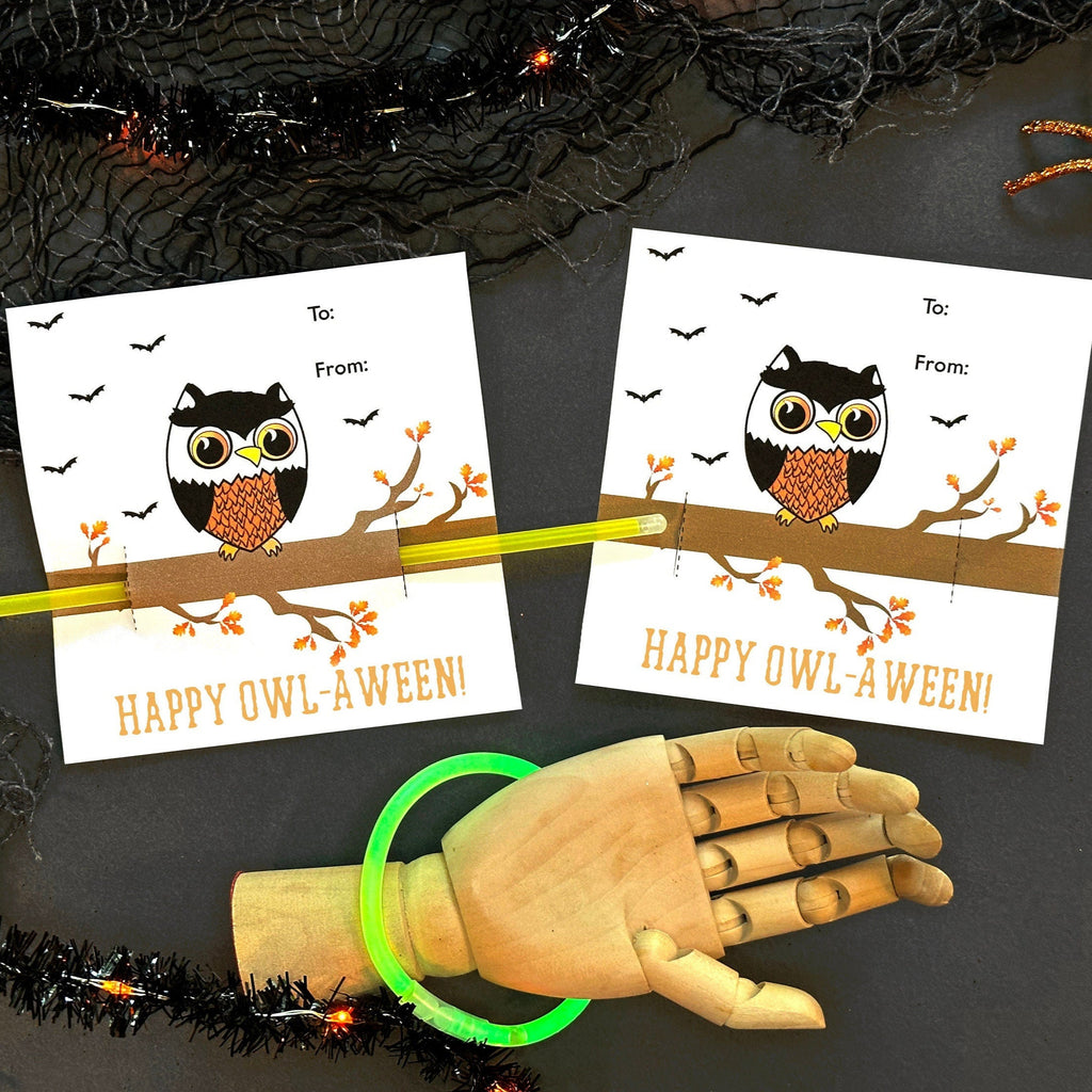 Owl Glow Bracelet or Pencil Holder - Owl Halloween Party Favor - Printable Card - Instant Download - Trick or Treat