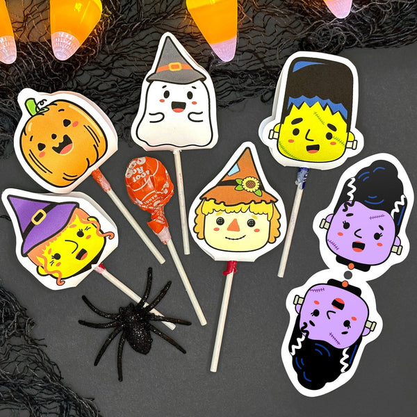 Halloween Character Sucker Covers - Cute Lollipop Puppets - Pumpkin, Ghost, Frankenstein + Bride Scarecrow, Witch, Printable Trick or Treat