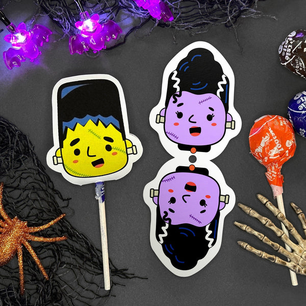 Printable Frankenstein Monster and Bride Sucker Covers - Cute Kawaii Lollipop Puppets - DIY Halloween Craft - Instant Download Party favor