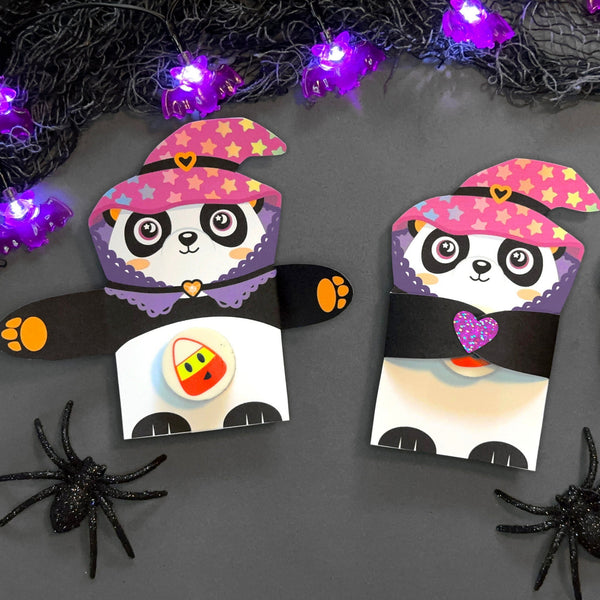 Printable Panda Witch Halloween Hugger for individually wrapped candy or small toys - Printable DIY Halloween party favor - Trick or Treat