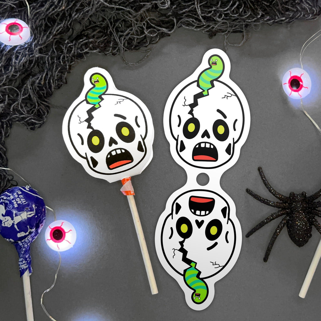 Printable Skull Character Sucker Covers - Funny Halloween Lollipop Puppets - Screaming skull and zombie worm