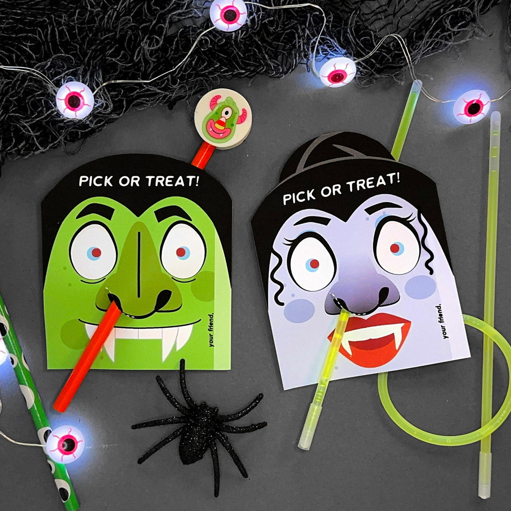 Vampire Nose - Pick or Treat - pencil hugger, pixie stick, glow bracelet holder cards - Halloween party favor - instant download printable