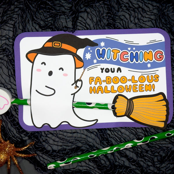 Printable Ghost on Broom Card- Glow Bracelet or Pencil Holder - Kawaii Halloween Party Favor - Instant Download - Trick or Treat