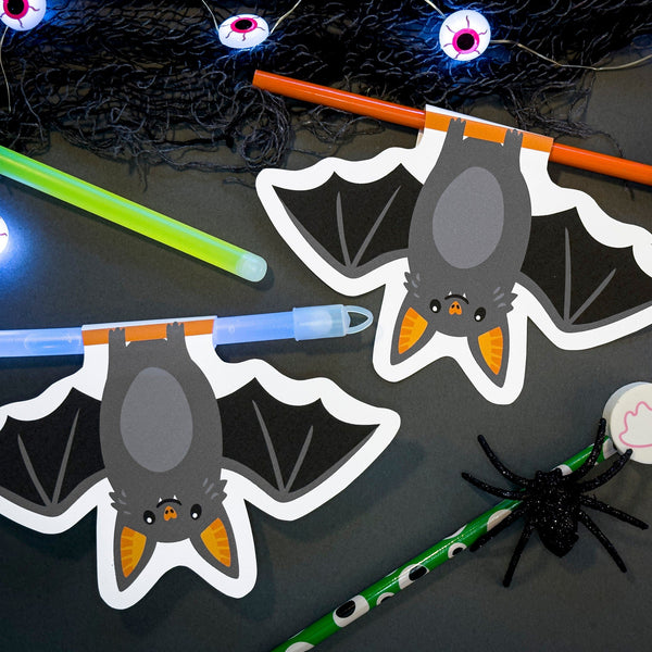 Printable Cut Bat Halloween Hugger Cards - Glow stick, Glow Bracelet, Pencils, Pixie Stick, Honey Stick - Instant Halloween Party Favors